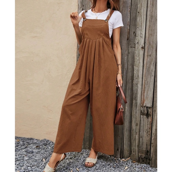 Pleated Wide leg Pockets Cotton Jumper Jumpsuit - Picture 1 of 7